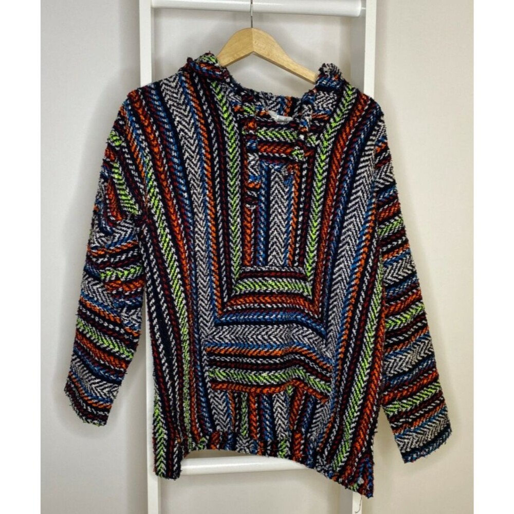 Earth Ragz Mexican Baja Pullover Hoodie Mens M Black Green Red Long Sleeves